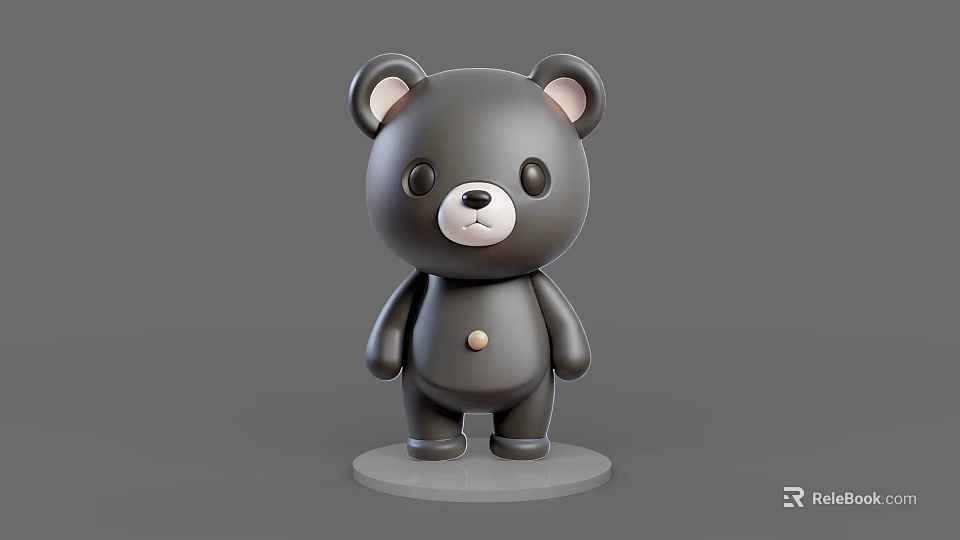 Cute Black Bear Toy Figure With Round Ears White Nose And Button Base 3d model 