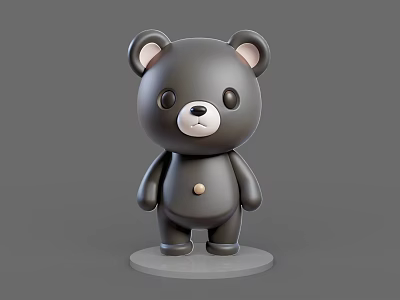 Cute Black Bear Toy Figure With Round Ears White Nose And Button Base 3d model