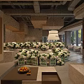 Elegant Modern Restaurant Interior With Large Windows Floral Arrangements Tables And Chairs