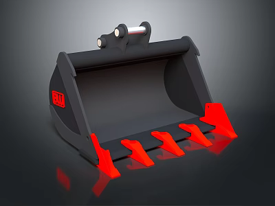 Construction Machinery Bucket With Black Body Red Tines Top Metal Attachment And Reflective Surface 3d model