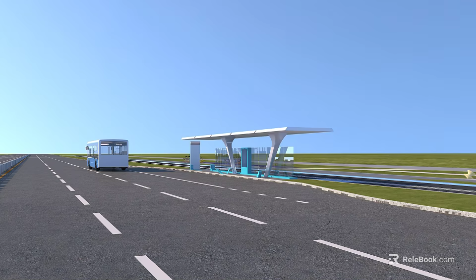 Bus Stop Shelter On Road With Lane Markings And Bus Under Clear Blue Sky 3d model 