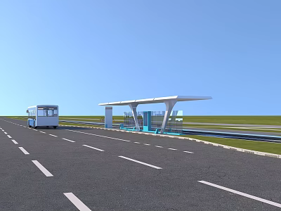 Bus Stop Shelter On Road With Lane Markings And Bus Under Clear Blue Sky 3d model