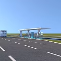 Bus Stop Shelter On Road With Lane Markings And Bus Under Clear Blue Sky