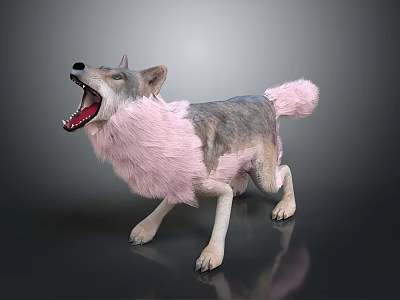 Mythical Fantasy Wolf Character With Pink Fur Roaring In Standing Posture 3d model
