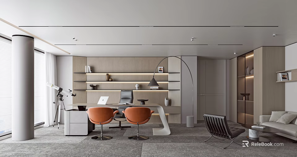 Modern Elegant Office Interior Design With Open Bookshelves Orange Chairs Curved Bookshelf And Gray Carpet 3d model 