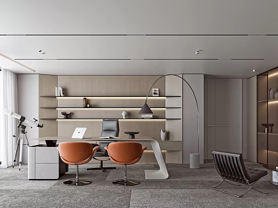 Modern Elegant Office Interior Design With Open Bookshelves Orange Chairs Curved Bookshelf And Gray Carpet 3d model