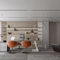 Modern Elegant Office Interior Design With Open Bookshelves Orange Chairs Curved Bookshelf And Gray Carpet