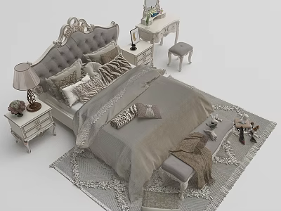 Luxurious Double Bed With Tufted Headboard Gray Bedding Pillows Bedside Table Lamp And Carpet 3d model
