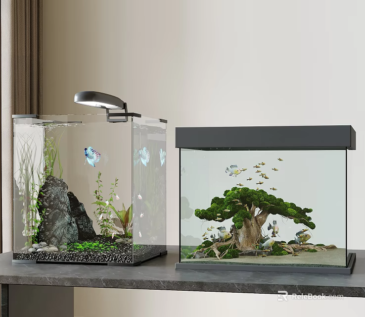 Modern Glass Aquariums With Butterfly Fish Aquatic Plants Rocks Decorative Trees And Small Fish 3d model 