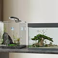 Modern Glass Aquariums With Butterfly Fish Aquatic Plants Rocks Decorative Trees And Small Fish
