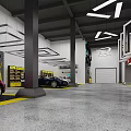 Modern Car Dealership Interior With Pink Sports Car Hanging Tires And Red Signage