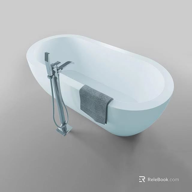 Freestanding White Bathtub With Silver Faucet And Gray Towel On Edge Modern Design 3d model 