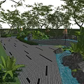 Sunlit Courtyard Garden with Lush Trees Green Plants Stone Path and Natural Rocks