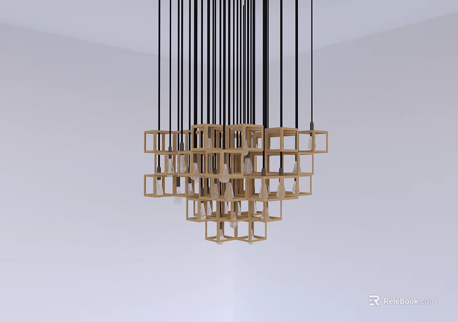 Modern Geometric Chandelier With Golden Cube Frames And Black Hanging Cords In White Room 3d model 