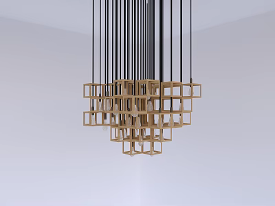 Modern Geometric Chandelier With Golden Cube Frames And Black Hanging Cords In White Room 3d model
