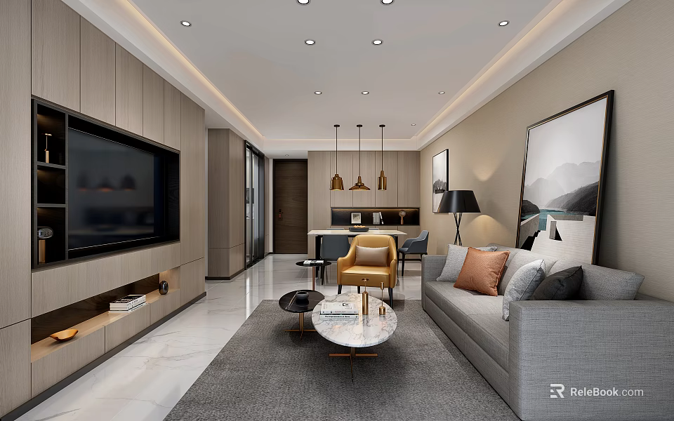 Modern Living Room Interior With Gray Sofa Throw Pillows Marble Coffee Table And Large Painting 3d model 