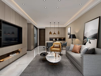 Modern Living Room Interior With Gray Sofa Throw Pillows Marble Coffee Table And Large Painting 3d model