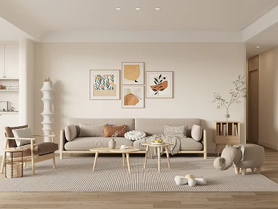 Cozy Beige Living Room Interior With Sofa Wooden Coffee Tables Artworks And Rug 3d model