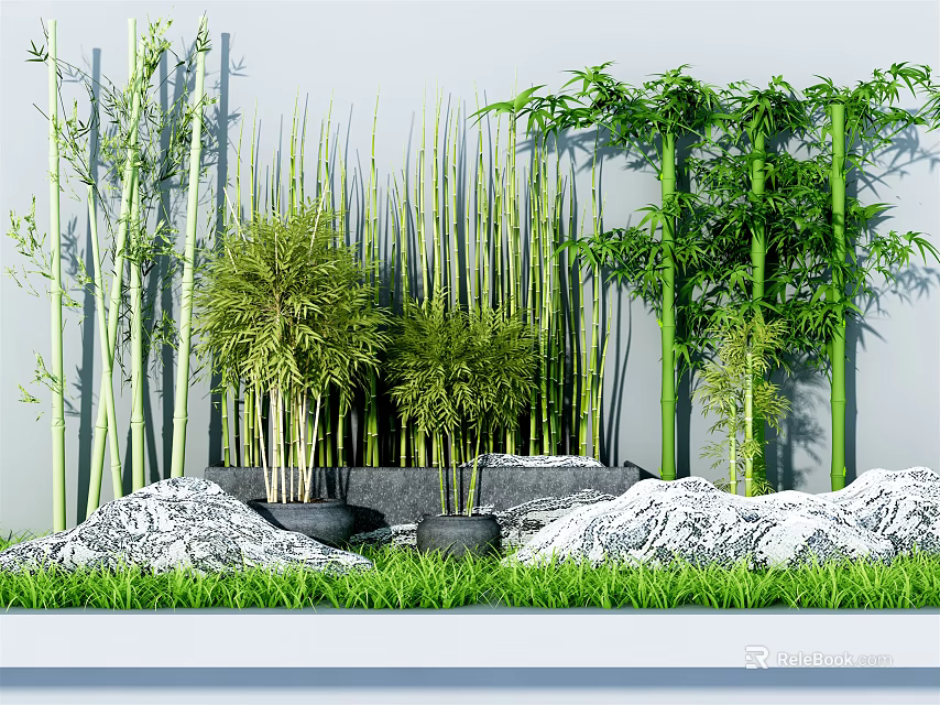 Tall and Short Bamboo Plants With Stones and Green Grass in Decorative Arrangement 3d model 