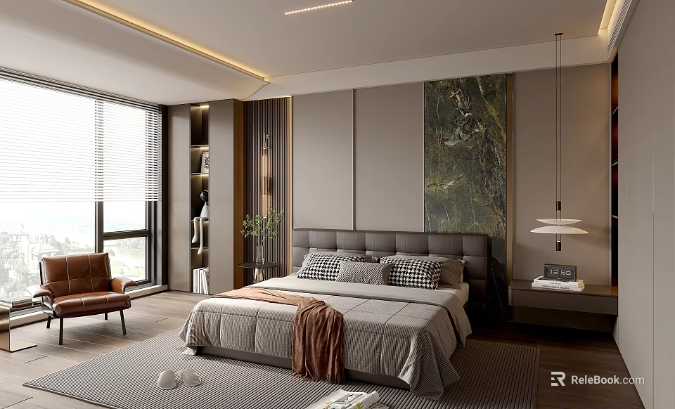 Modern Minimalist Bedroom Interior With Upholstered Headboard Checkered Pillows And Leather Chair 3d model 