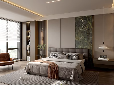 Modern Minimalist Bedroom Interior With Upholstered Headboard Checkered Pillows And Leather Chair 3d model
