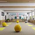 Fitness Studio With Yellow Yoga Mats Gray Yellow Exercise Balls Blackboard Green Plants Fitness Rails