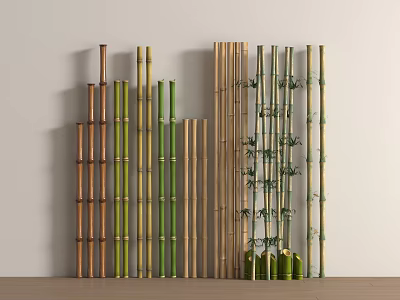 Various Bamboo Poles In Green And Brown Hues Arranged As Decorative Vertical Displays 3d model