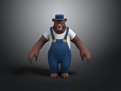 Cartoon Bear Character In Blue Hat White T-Shirt And Blue Overalls With Claws Standing Pose 3d model