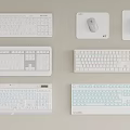 White Computer Keyboards And Mice With Various Designs Displayed On Wall 3d model