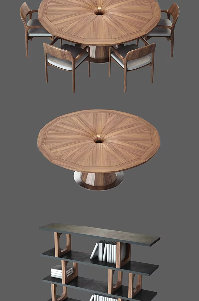 Round Modern Dining Table Set With Wooden Tabletop Radial Wood Grain And Metal Base Chairs 3d model