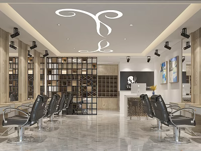 Modern Beauty Hair Salon Interior Design With Black Barber Chairs And Stylish Curved Lighting 3d model