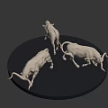 Three Silver Bull Sculptures On Black Circular Platform With Dark Background