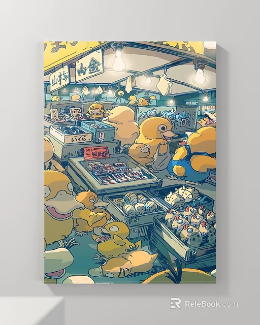 Vibrant Abstract Painting of Playful Yellow Ducks at Lively Market Stalls with Colorful Goods 3d model 