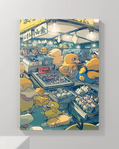 Vibrant Abstract Painting of Playful Yellow Ducks at Lively Market Stalls with Colorful Goods 3d model