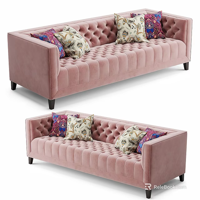Pink Velvet Tufted Multi Seater Sofa With Patterned Decorative Pillows 3d model