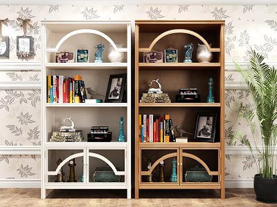 White And Brown Wooden Bookcases With Books Photos And Decorative Items In Home Interior 3d model