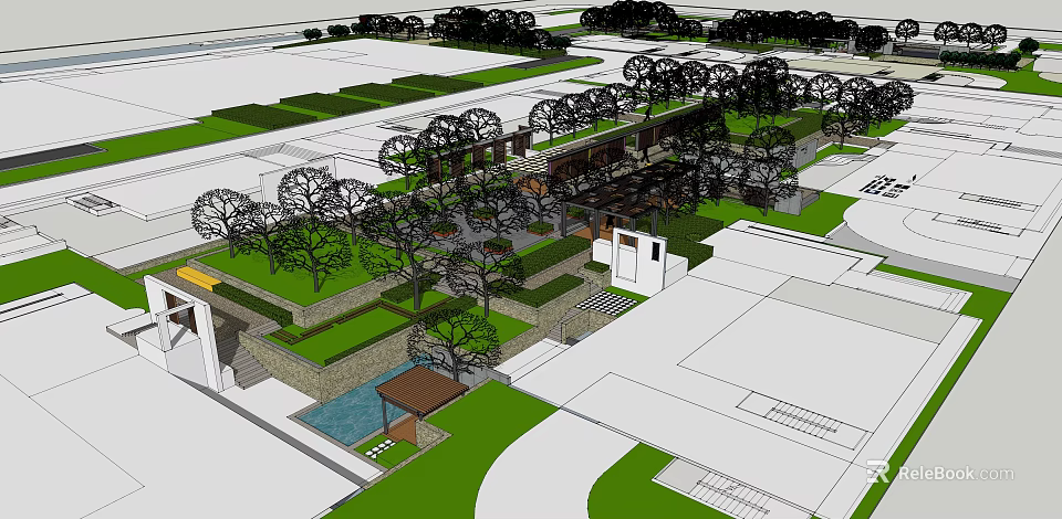 Outdoor Landscape Design With Trees Lawns Pathways And Water Feature 3d model 
