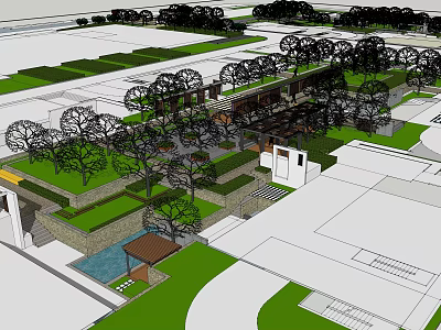 Outdoor Landscape Design With Trees Lawns Pathways And Water Feature 3d model