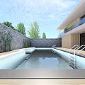Modern Detached Villa Featuring Swimming Pool Lounge Chairs Umbrellas Glass Windows And Wooden Facade