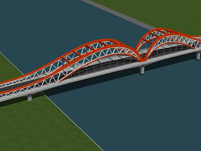 Modern Red Arched Bridge Design Spanning Over Water With Green Grass Banks 3d model