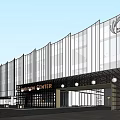 Modern Sales Office Building With Glass Facade And Portico Entrance Surrounded By Tall Buildings