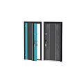 Modern Black Swing Door With Glass Panels And Wooden Interior Design