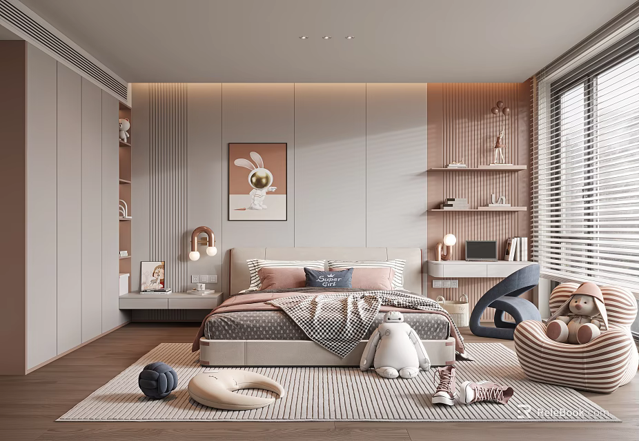 Modern Kids Room Interior With Bed Plush Toys Pink Pillows And Rabbit Decor Painting 3d model 