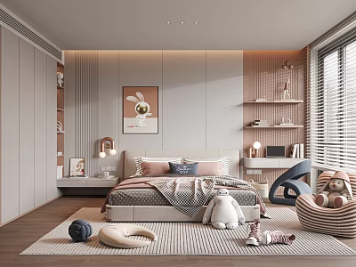 Modern Kids Room Interior With Bed Plush Toys Pink Pillows And Rabbit Decor Painting 3d model