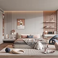 Modern Kids Room Interior With Bed Plush Toys Pink Pillows And Rabbit Decor Painting