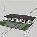 Single Story Office Building with Blue Roof Light Walls Trimmed Bushes Entrance and Red Flowers