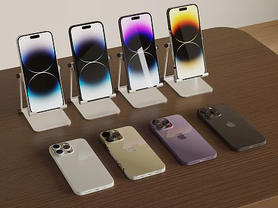 Apple iPhones On Stands And Laid Flat With Colorful Screens And Various Colors 3d model