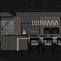 Modern Restaurant Open Kitchen with Island Counter Hanging Lights and Wooden Dining Chairs
