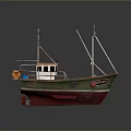 Colorful Small Fishing Boat With Green Hull Red Bottom Wooden Deck And Cabin