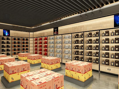 Tobacco and Alcohol Store Interior with Shelves Products and Stacked Display Boxes 3d model